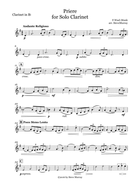 Priere for Clarinet Solo (arr. Steven H Murray)