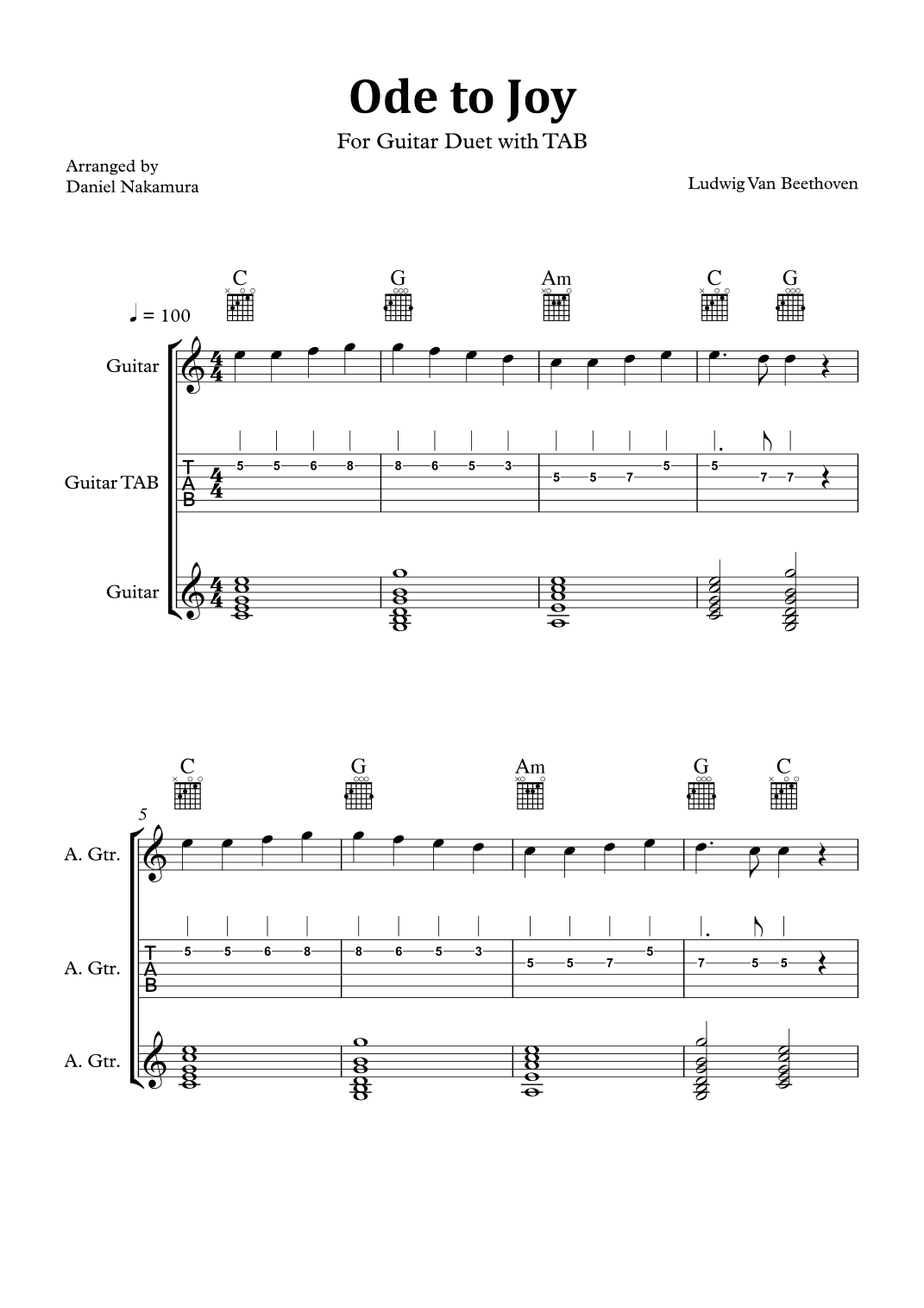 Ode to Joy (Easy Guitar Duet with TAB) (arr. Daniel Nakamura)