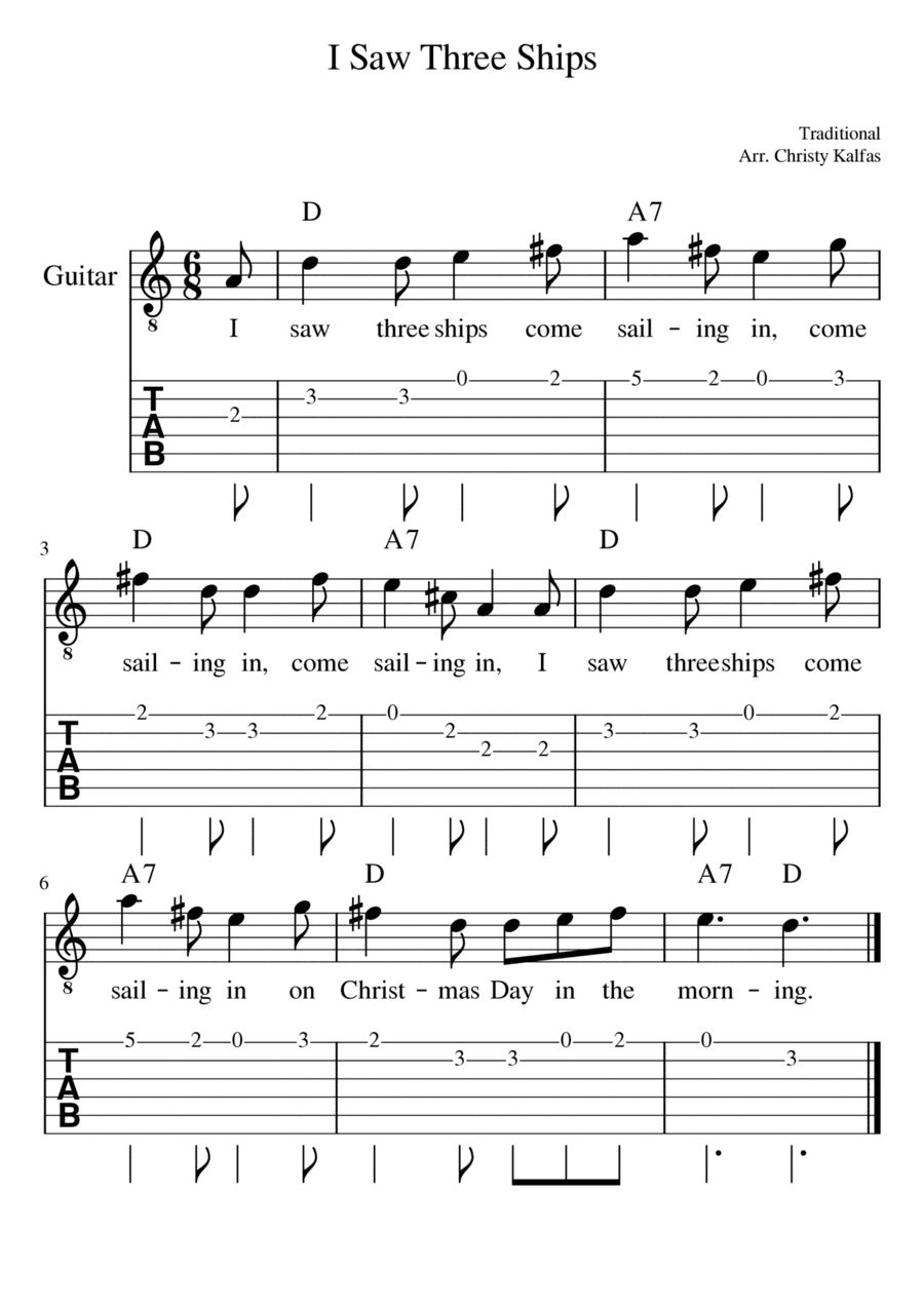 I Saw Three Ships - Guitar tab and chords (key of D) (arr. Christy & Matthew Paine)