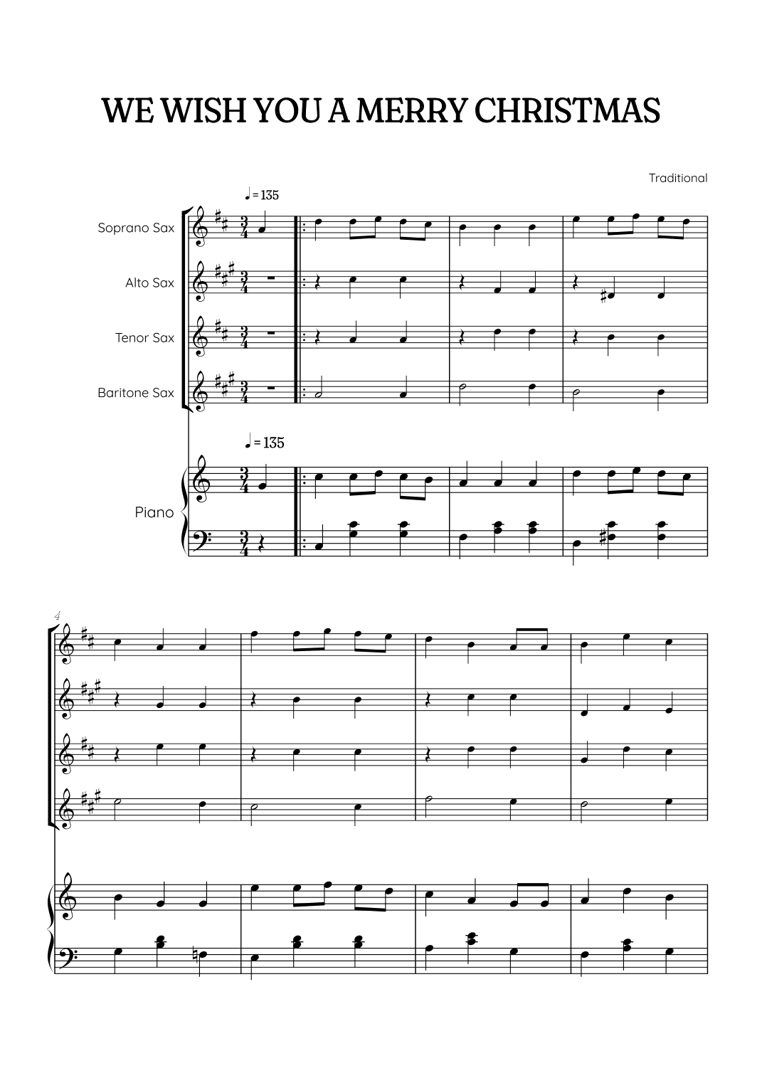 We Wish You a Merry Christmas for Sax Quartet & Piano • easy Christmas sheet music (arr. Benzaiten Editions)