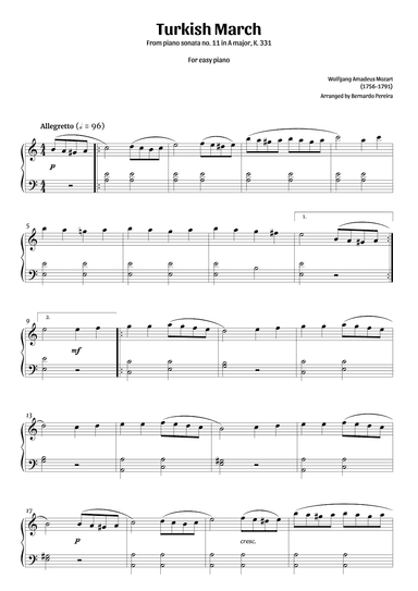 Turkish March (easy piano - clean sheet music) (arr. Bernardo Pereira)