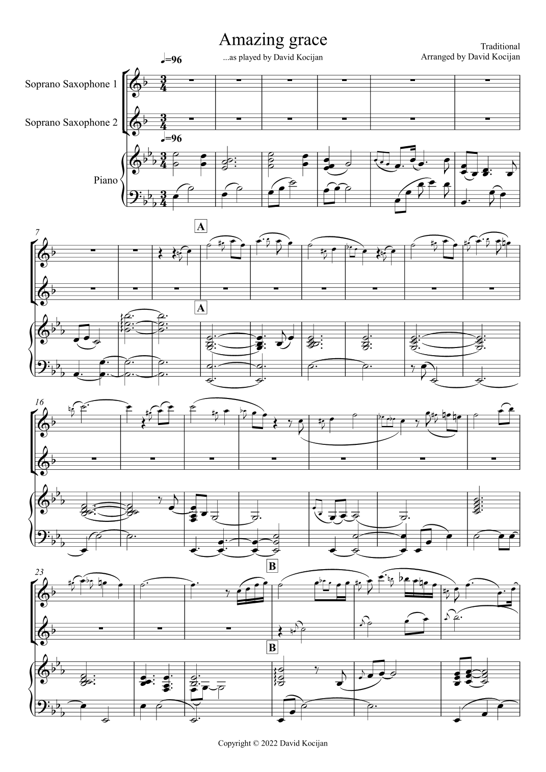 Amazing grace TRIO (Piano & 2 Soprano Saxophones) (arr. David Kocijan)