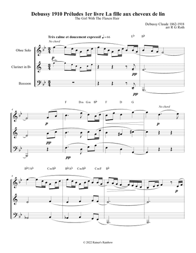 Debussy Prelude Girl With Flaxen Hair Woodwind Trio (arr. R G Roth)