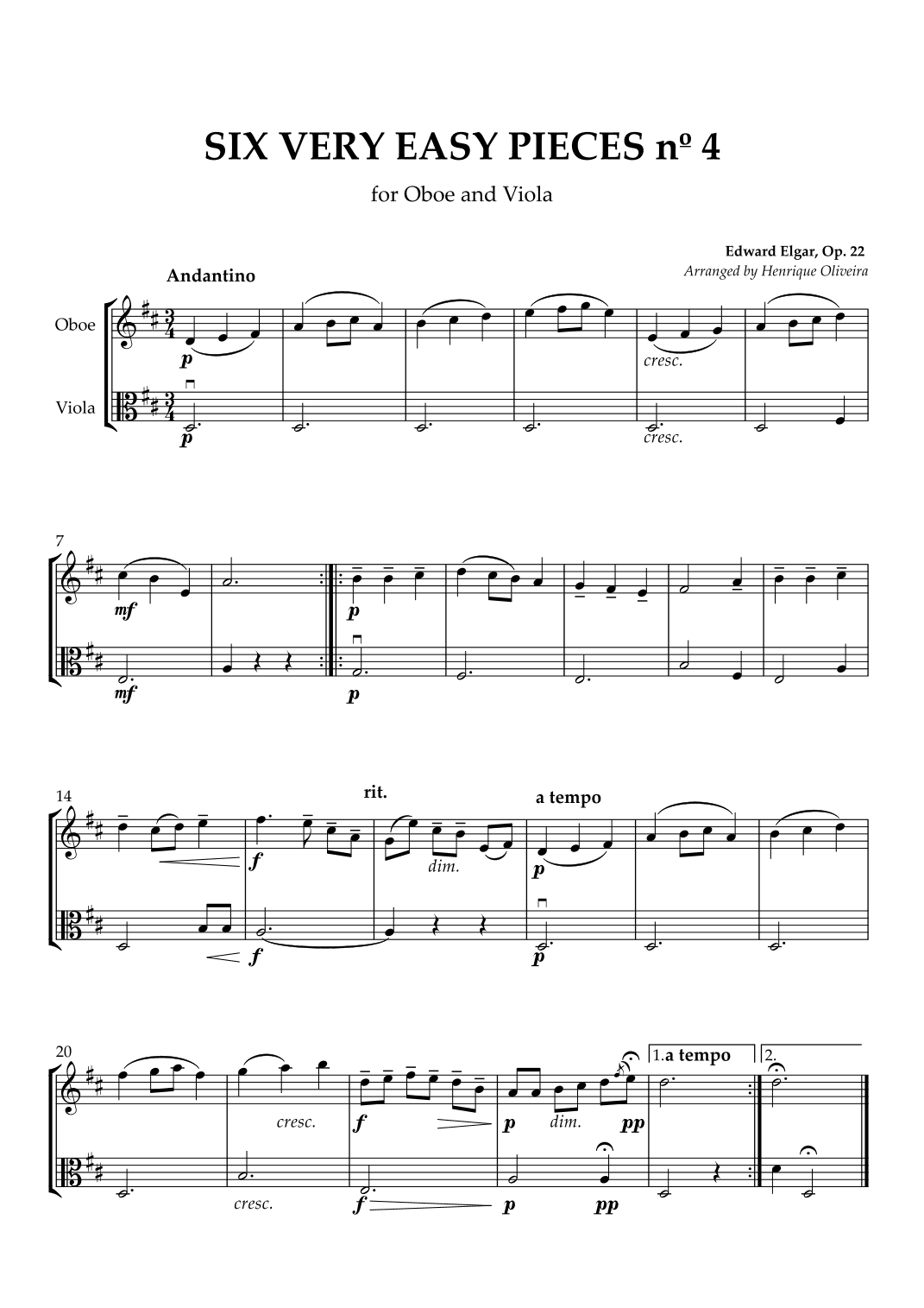 Six Very Easy Pieces nº 4 (Andantino) - Oboe and Viola (arr. Henrique Oliveira)