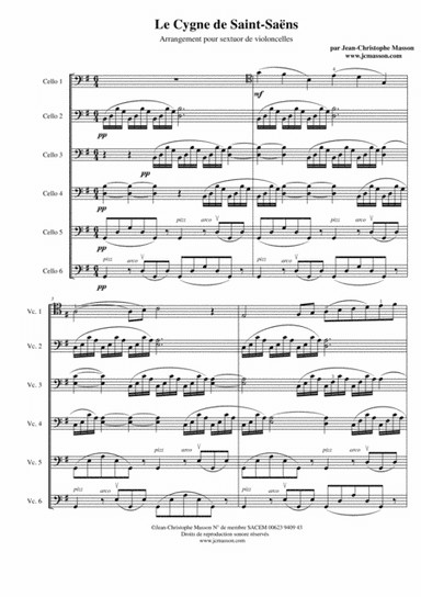 Le cygne de St Saëns for 6 celli Score and parts --- with easier version --- JCM 2013 (arr. Jean-Christophe Masson www.jcmasson.com)