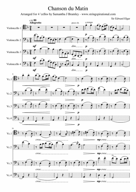 Chanson de Matin for 'cello quartet (arr. Samantha J Bramley - stringspirational@gmail.com)