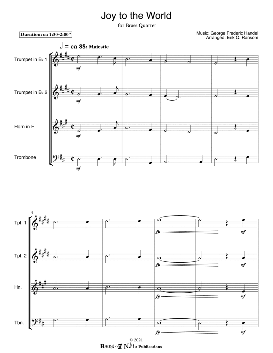 Joy to the World for Brass Quartet (arr. Erik Q. Ransom)