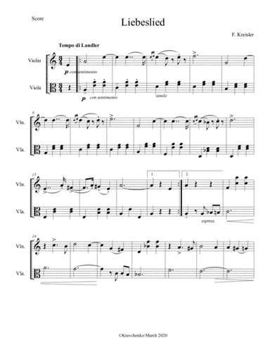 Fritz Kreisler - Love's Sorrow (Liebesleid) for violin and viola duo (score and parts) (arr. Maksym Kravchenko)