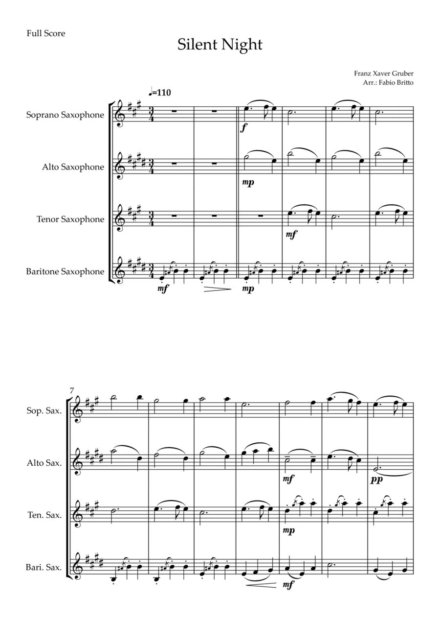 Silent Night (Christmas Song) for Saxophone Quartet (arr. Fabio Britto)