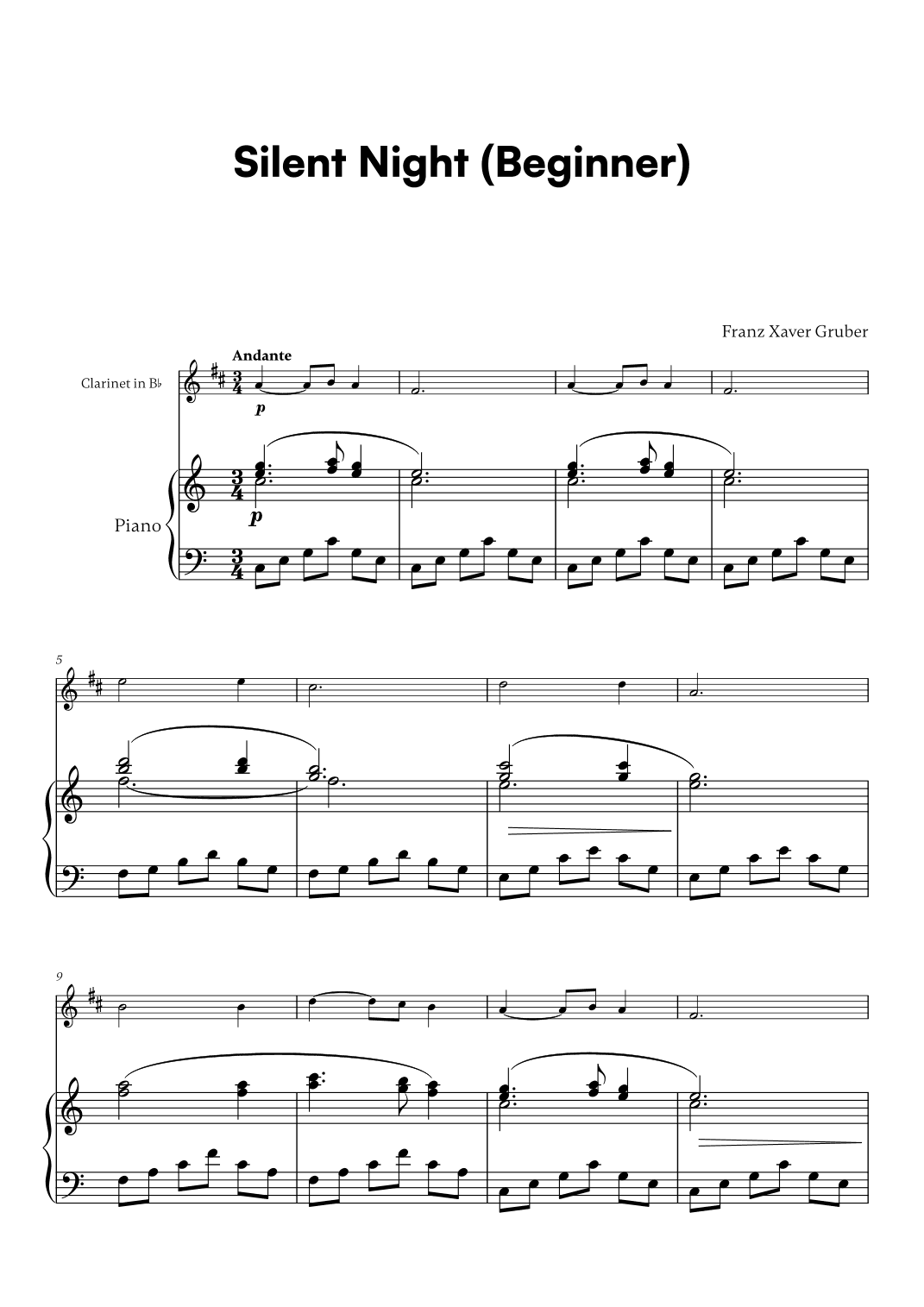 Franz Xaver Gruber - Silent Night Beginner (for Clarinet in Bb and Piano) (arr. Cadenza Editions)