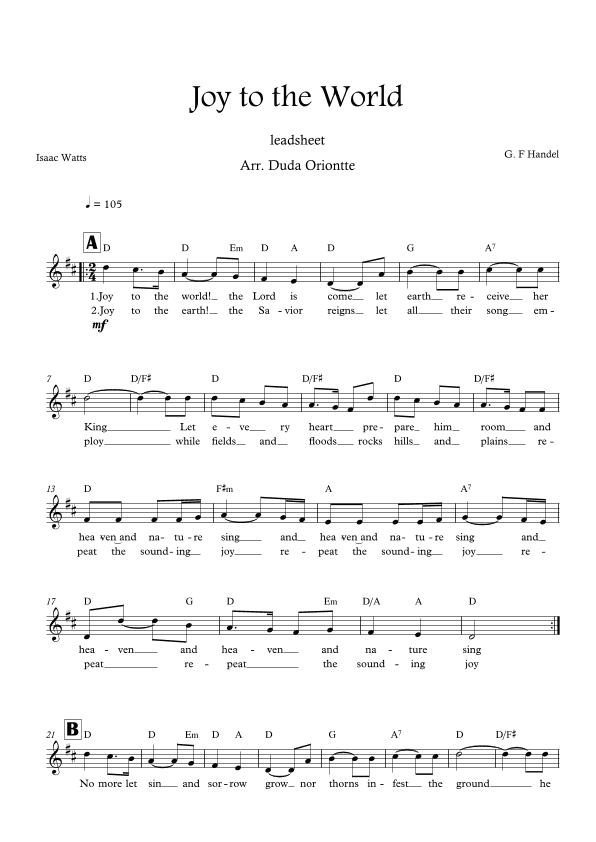 Joy to the World (D major - leadsheet - with lyrics) (arr. Duda Oriontte)