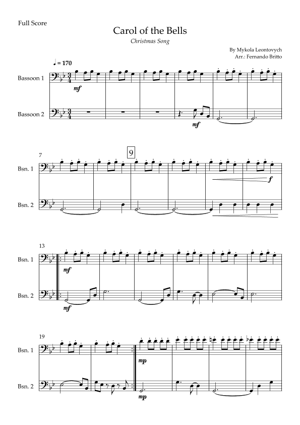 Carol of the Bells in Jazz Version (Christmas Song) for Bassoon Saxophone Duo (arr. Fabio Britto)