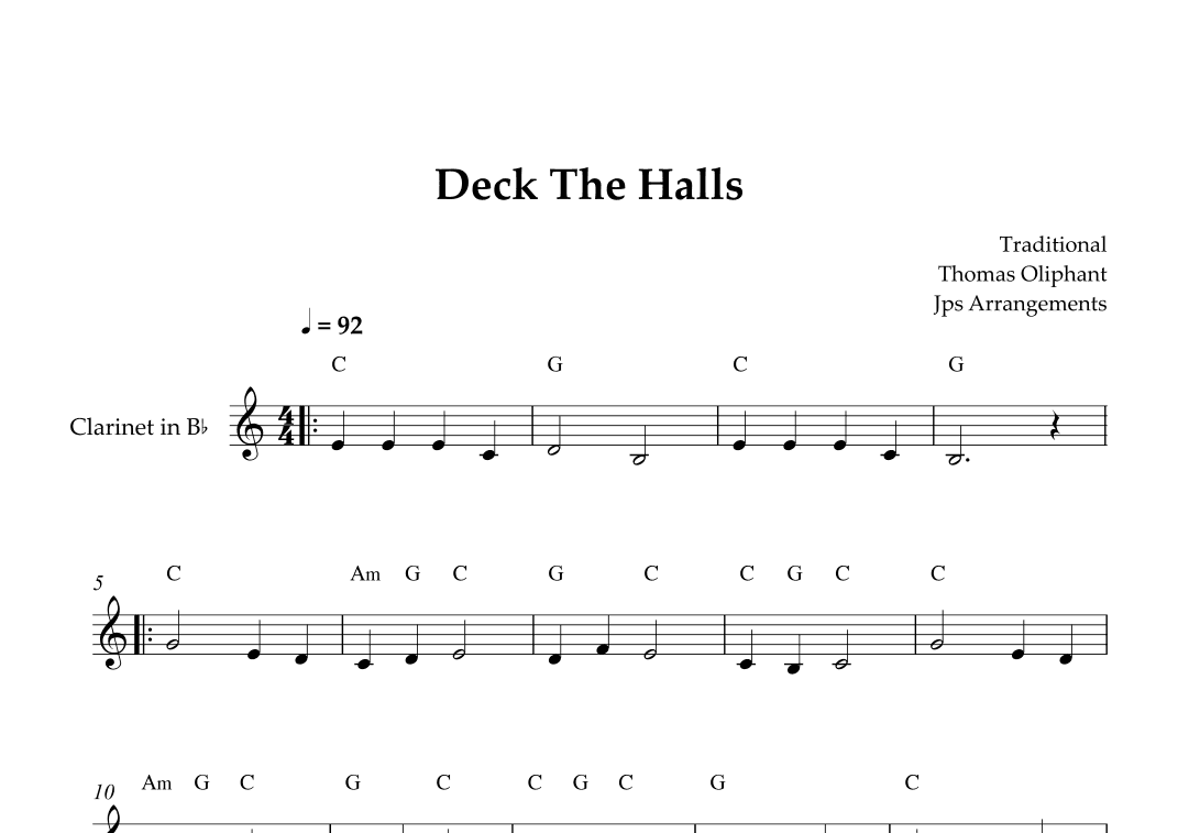 Deck The Halls For Clarinet (arr. Jps Arrangements)