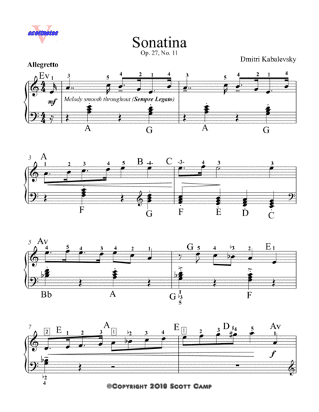 Sonatina, Op. 27, No. 11  (with piano fingering) (arr. Scott Camp)