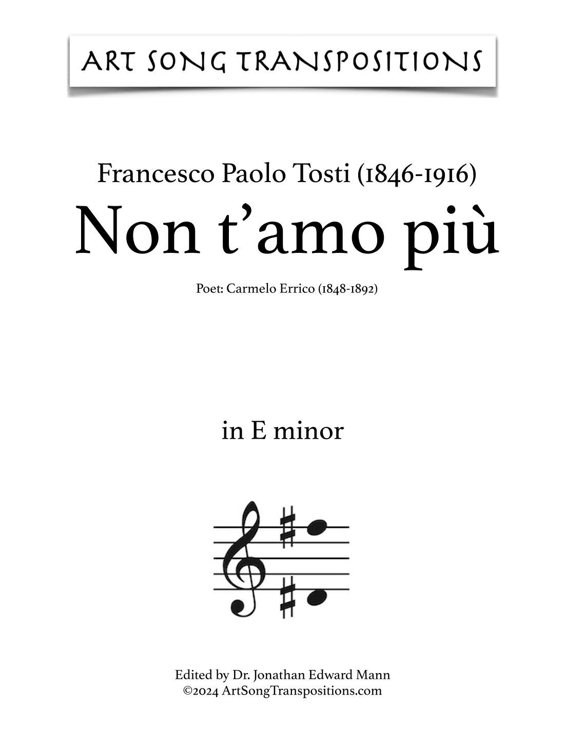 TOSTI: Non t'amo più (transposed to E minor) (arr. ArtSongTranspositions.com)