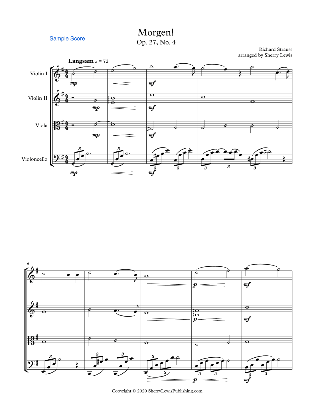 MORGEN! R. Strauss, String Quartet, Intermediate Level for 2 violins, viola and cello (arr. Sherry Lewis)