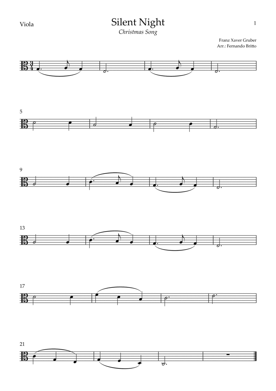 Silent Night (Christmas Song) for Viola Solo (C Major) (arr. Fernando Britto)