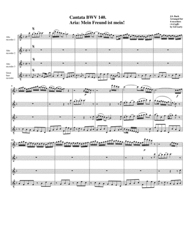 Mein Freund ist mein! from cantata BWV 140 (arrangement for 4 recorders) (arr. Gil Garty)