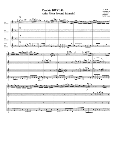 Mein Freund ist mein! from cantata BWV 140 (arrangement for 4 recorders) (arr. Gil Garty)