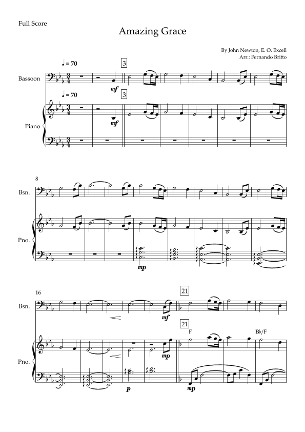 Amazing Grace (John Newton, E. O. Excell) for Bassoon Solo and Piano Accompaniment with Chords (arr. Fernando Britto)