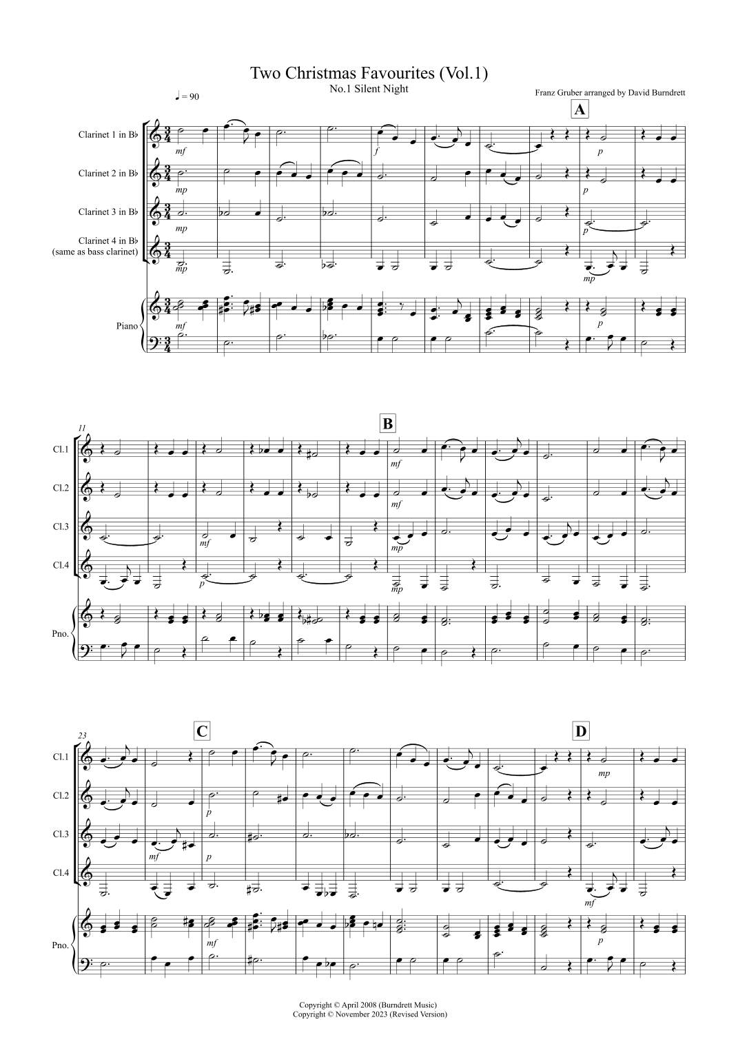 2 Christmas Favourites for Clarinet Quartet (volume one) (arr. David Burndrett)