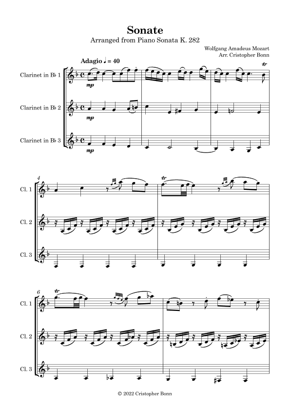 Sonata No. 4 in E flat, K. 282 - I. Adagio, for clarinet trio (arr. Cristopher Bonn)