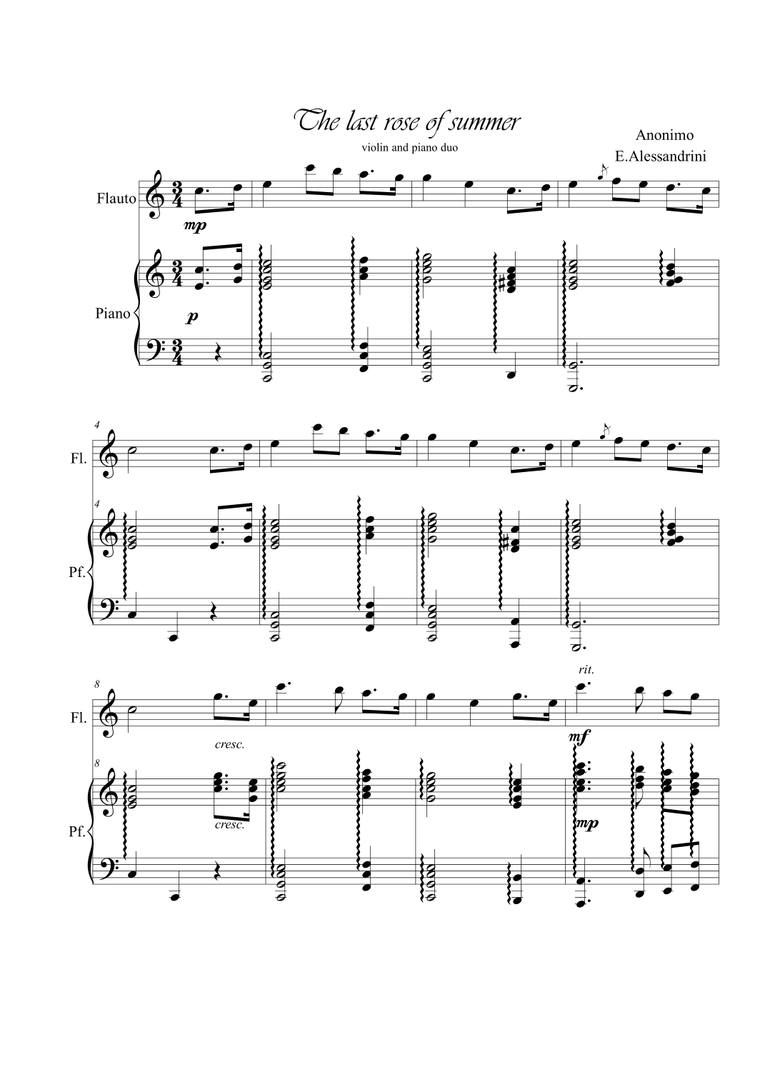 The last rose of summer. Flute and piano (arr. Ester Alessandrini)