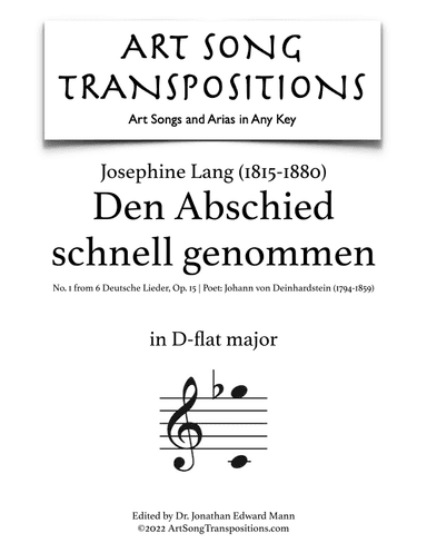 LANG: Den Abschied schnell genommen, Op. 15 no. 1 (transposed to D-flat major) (arr. ArtSongTranspositions.com)