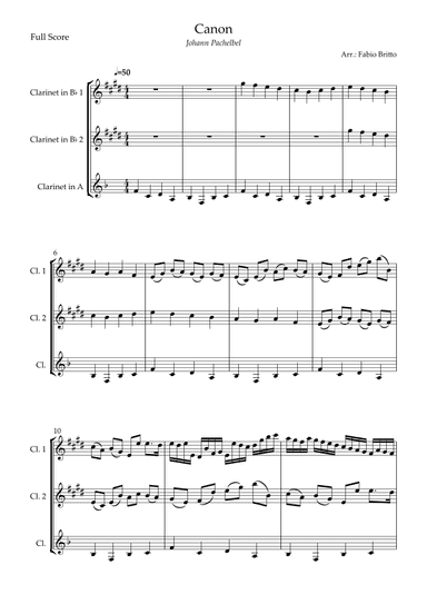 Canon - Johann Pachelbel (Wedding/Reduced Version) for Clarinet Trio (arr. Fabio Britto)