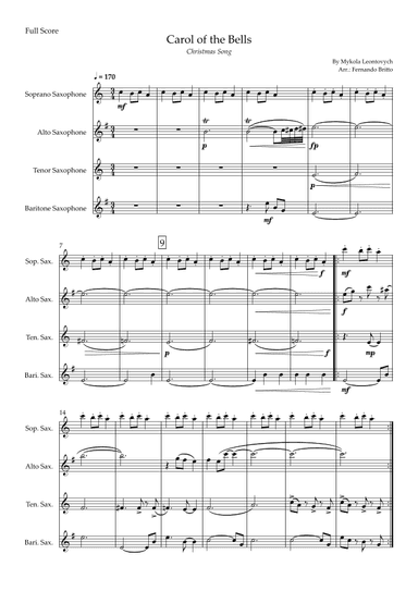 Carol of The Bells - Jazz Version (Christmas Song) for Saxophone Quartet (arr. Fabio Britto)