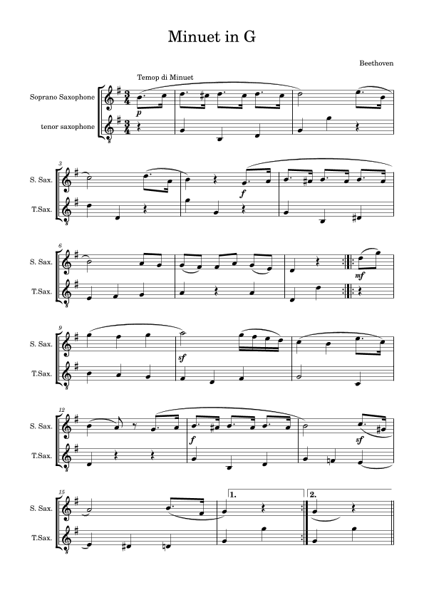 Minuet in G for soprano and tenor saxophone (arr. Kin Leung)