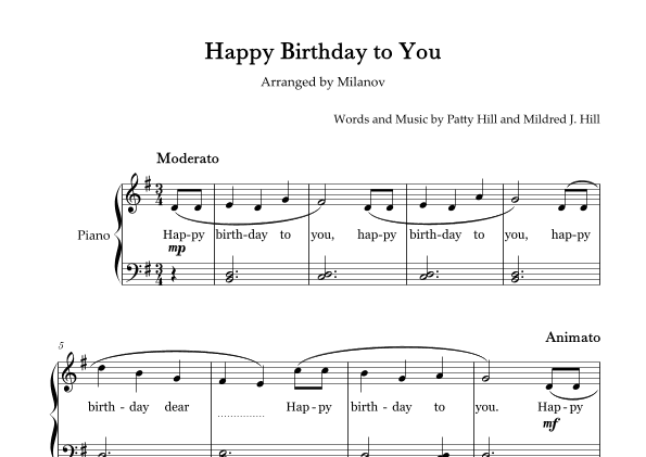 Happy Birthday to You Piano in G Easy Intermediate Lyrics (arr. Milanov)
