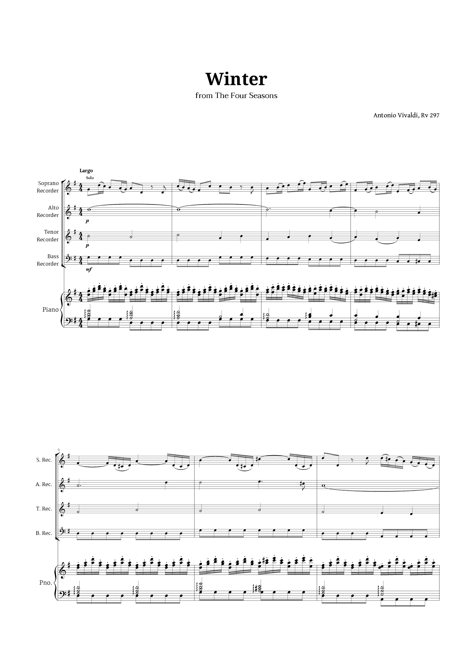 Largo from Winter by Vivaldi for Recorder Quartet and Piano (arr. Langanho)