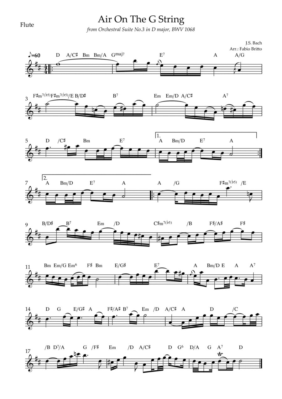 Air On The G String (J.S. Bach) for Flute Solo with Chords (arr. Fabio Britto)