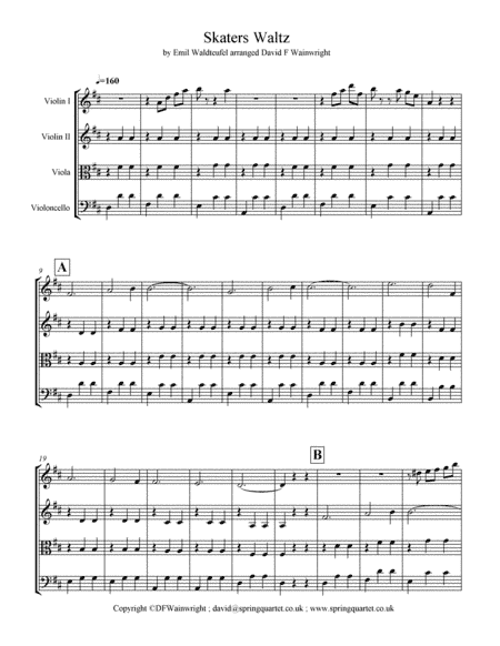 Skater's Waltz arranged for string quartet with score, parts & rehearsal letters (arr. David F Wainwright)
