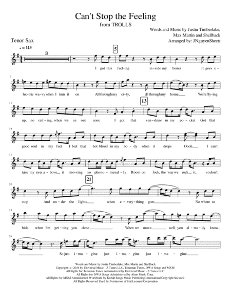 Can't Stop The Feeling from TROLLS (arr. JNguyenSheets)