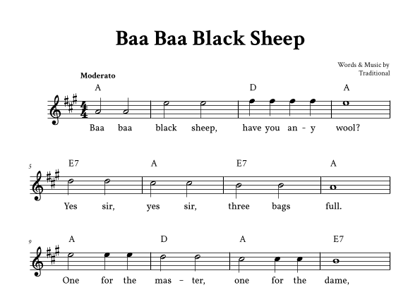 Baa Baa Black Sheep - Lead Sheet (A Major - Easy Traditional) (arr. Yuri Noronha)