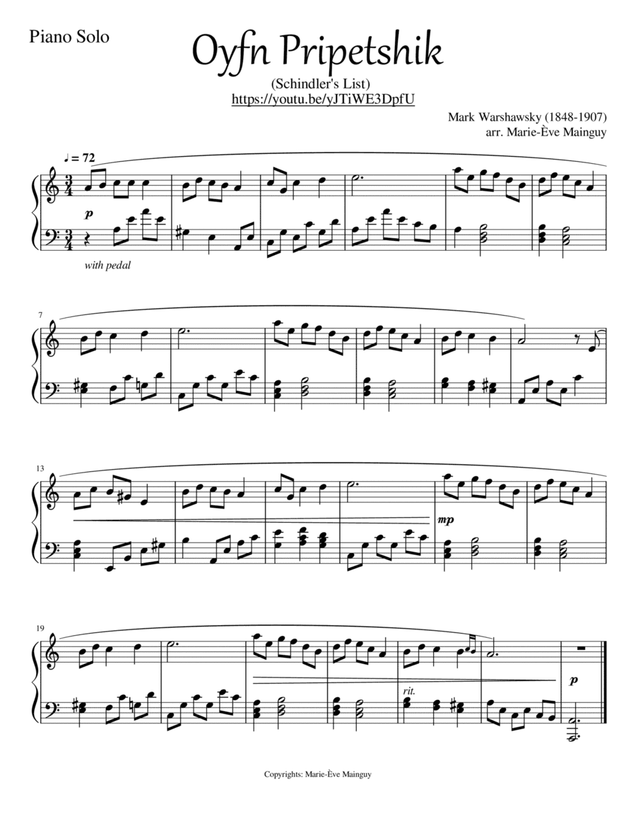 Oyfn Pripetshik - Schindler's List (arr. Marie-Ève Mainguy)