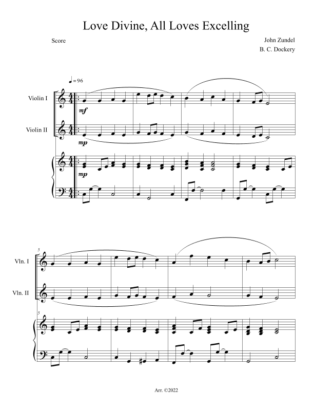 Love Divine, All Loves Excelling (Violin Duet with Piano Accompaniment) (arr. B. C. Dockery)