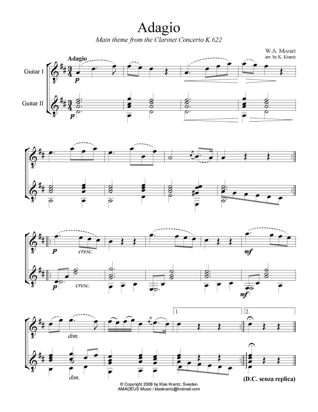 Adagio from the clarinet concerto for easy guitar duo (arr. K. Krantz)