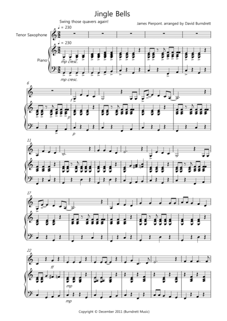 Jingle Bells (Jazzy Style!) for Tenor Saxophone and Piano (arr. David Burndrett)
