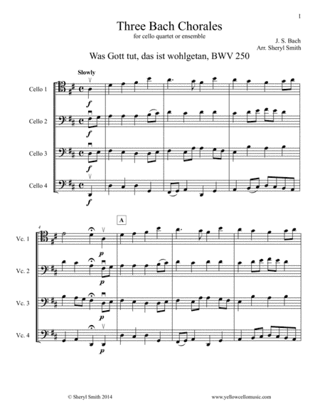 Three Bach Chorales for cello quartet or ensemble (four cellos) (arr. Yellow Cello Music)