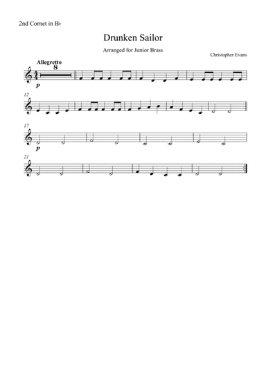 Drunken Sailor for junior Brass Ensemble - 2nd Cornet Part (Bb) (arr. Christopher Evans)