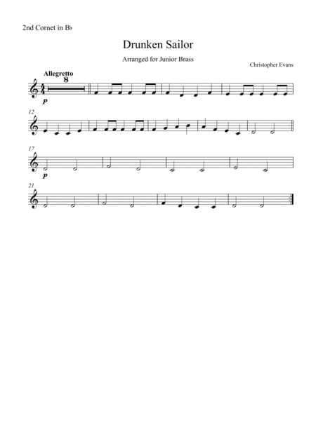 Drunken Sailor for junior Brass Ensemble - 2nd Cornet Part (Bb) (arr. Christopher Evans)
