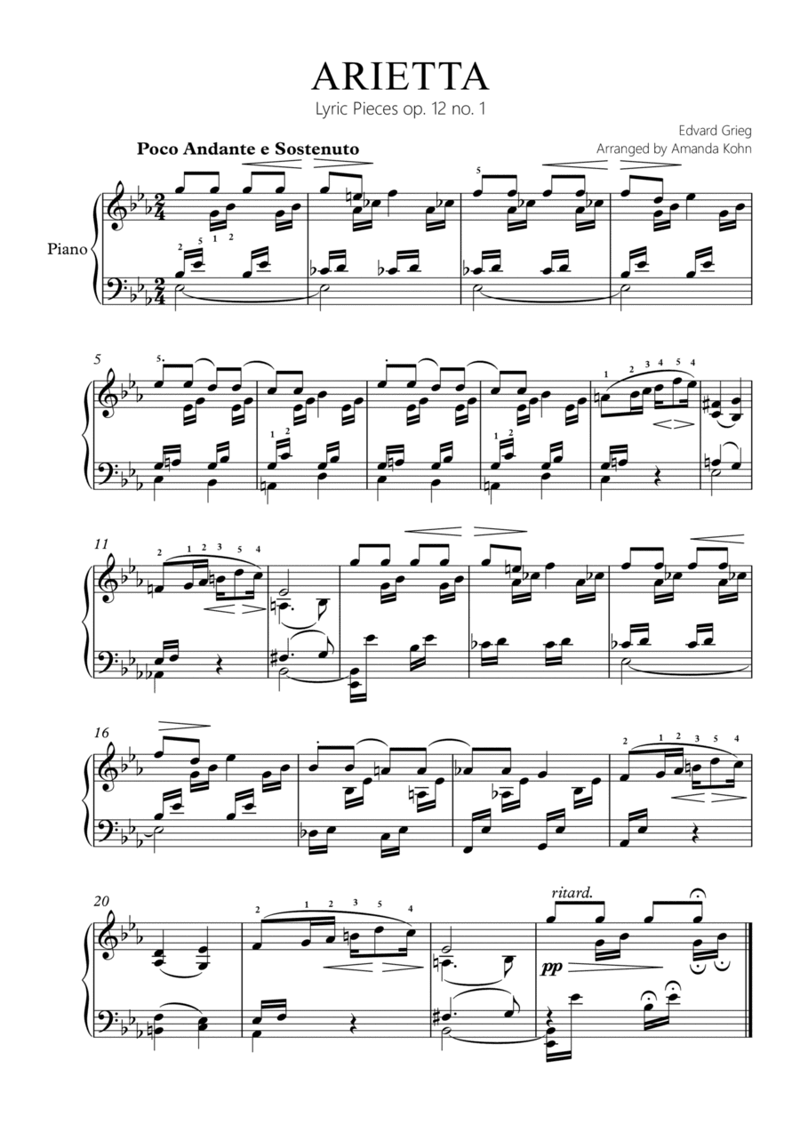 Arietta (Grieg) easy piano version (arr. Amanda Kohn)