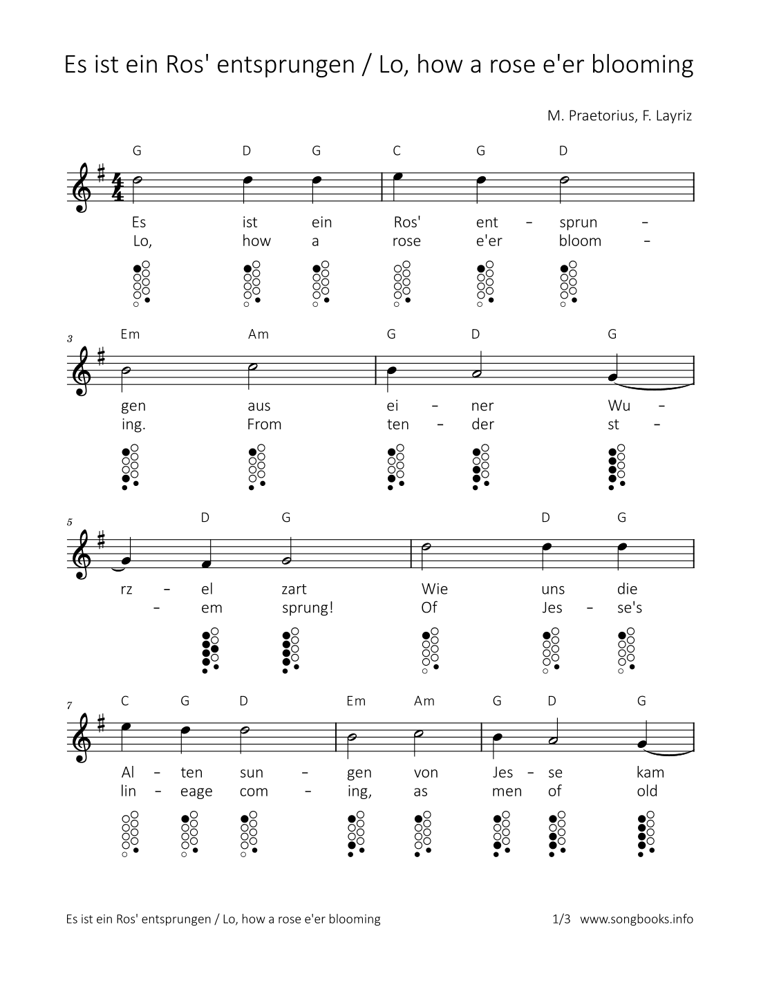 Es ist ein Ros‘ entsprungen / Lo, how a rose e‘er blooming (arr. songbooks.info)