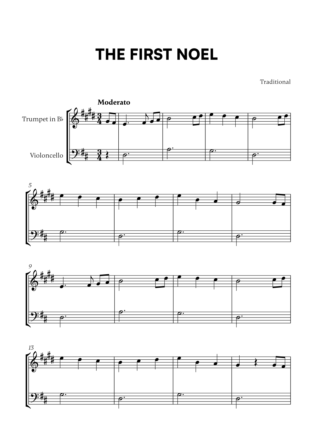Traditional - The First Noel (D Major) (for Trumpet in Bb and Cello) (arr. Cadenza Editions)