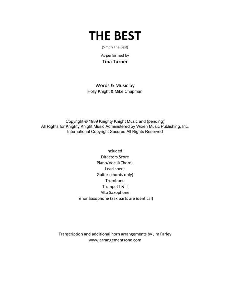 The Best (simply The Best) (arr. Jim Farley www.arrangementsone.com)