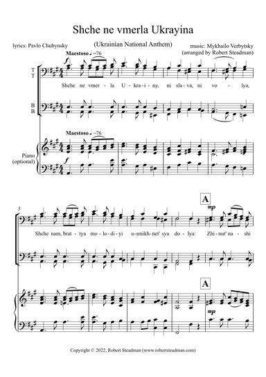 Shche ne vmerla Ukrayina (Ukrainian National Anthem) - TTBB choir + piano (arr. Robert Steadman)