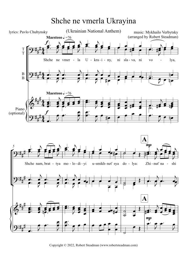 Shche ne vmerla Ukrayina (Ukrainian National Anthem) - TTBB choir + piano (arr. Robert Steadman)